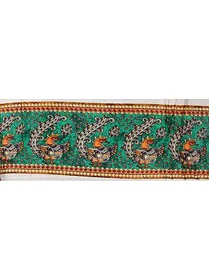 Green Fabric Border with Digital-Printed Stylized Peacocks