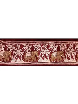 Maroon Banarasi Fabric Border with Woven Elephants and Palm Trees