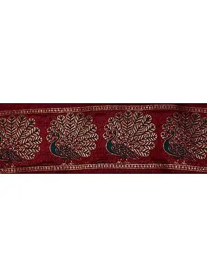 Maroon Banarasi Fabric Border with Hand-woven Peacocks in Green and Gold