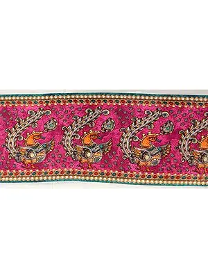 Pink Fabric Border with Digital-Printed Stylized Peacocks