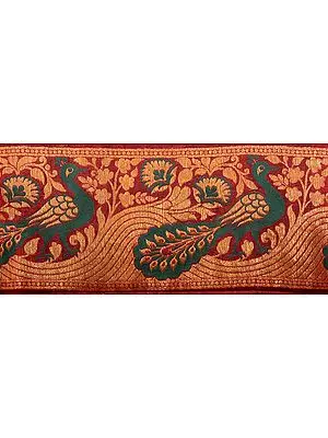 Maroon Banarasi Fabric Border with Hand-woven Peacocks in Green and Gold