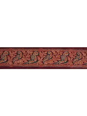 Maroon Banarasi Fabric Border with Woven Parrots in Golden Thread
