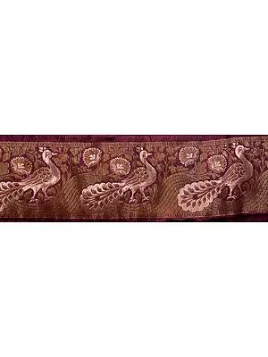 Purple Banarasi Fabric Border with Hand-woven Peacocks in Olive and Copper