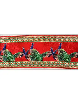 Red Fabric Border with Digital-Printed Peacocks
