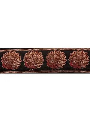 Black Banarasi Fabric Border with Hand-woven Peacocks in Red and Gold