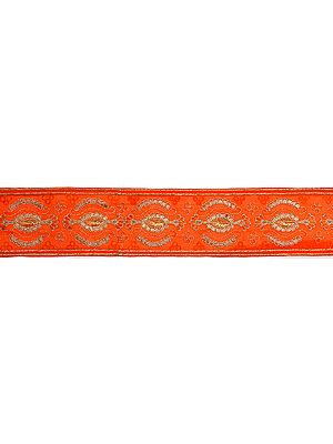 Orange Crewel Embroidered Fabric Border with Metallic Thread