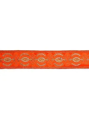 Orange Crewel Embroidered Fabric Border with Metallic Thread