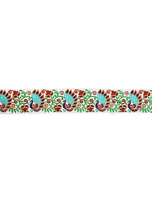 White Fabric Border with Embroidered Peacocks