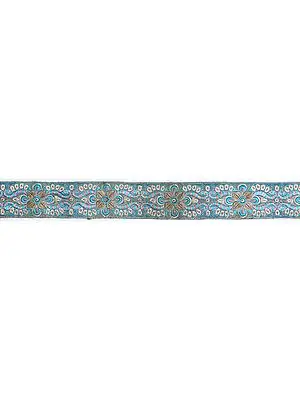 Sky-Blue Fabric Border with Crewel Embroidered Flowers