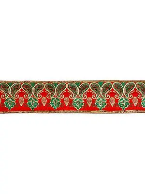 Red Paisley Border with Crewel Embroidery in Golden Thread