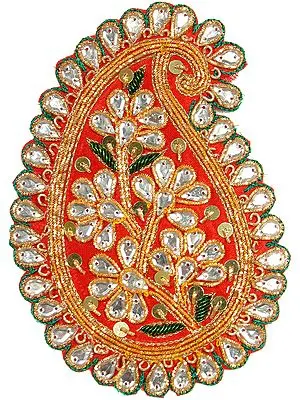 Pair of Garnet-Red and Green Designer Paisley Patches with Crystal Bead Work and Sequins