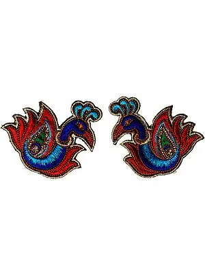 Pair of Blue and Red Peacock Patches with Threadwork and Sequins