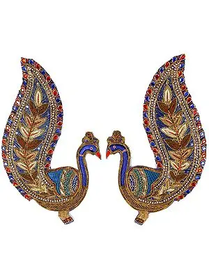 Pair of Mazarine-Blue Designer Peacock Patches with Zardozi Work and Crystals