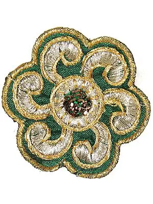 Set of 5 Tidepool-Green Floral Patches with Thread work in Gold and Sequins in Center