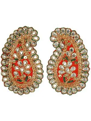 Pair of Scarlet and Greeen Paisley Patches with Zardozi Work and and Beads