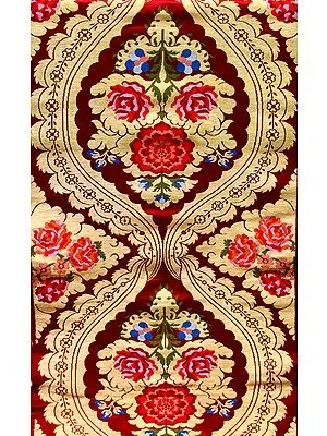 Tibetan-Red Brocade Fabric with Woven Roses