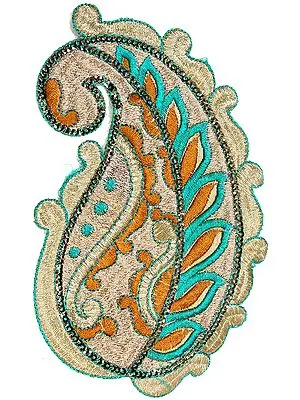 Beige and Green Paisley Patch with Sequins and Cutwork