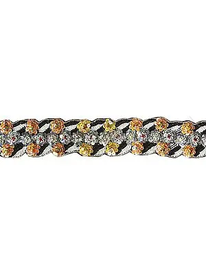Black Designer Border with Sequins Embroidered as Flowers