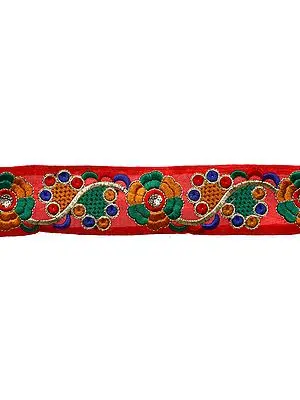 Red Floral Border with Crewel Embroidery and Sequins