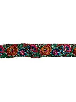 Tomato Red Wide Floral Border with Crewel Embroidery