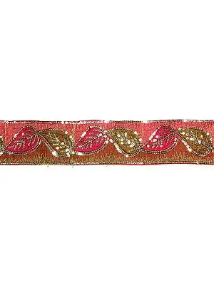 Olive and Pink Leaves Border with Sequins and  Golden Thread Work
