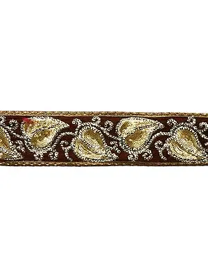 Chocolate-Brown Border with Leaves Embroidered with Sequins
