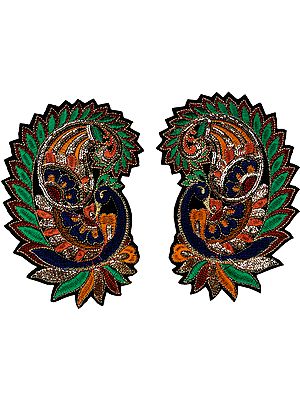 Pair of Multi-Color Embroidered Peacocks Stylized as Paisleys