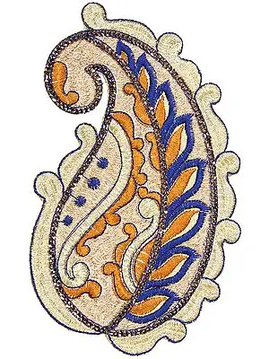 Golden and Blue Paisley Embroidered Patch with Sequins