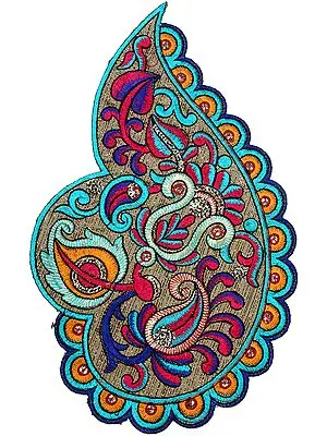 Multi-Color Large Embroidered Paisley Patch with Sequins and Cutwork