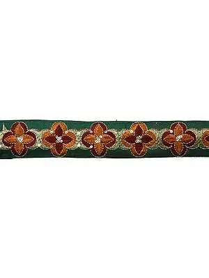 Dark Green Fabric Border with Metallic Thread Work and Sequins