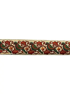 Beige Fabric Border with Embroidered Parrot and Flowers