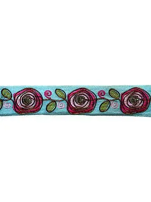 Cyan Blue Velvet Border with Embroidered Flowers