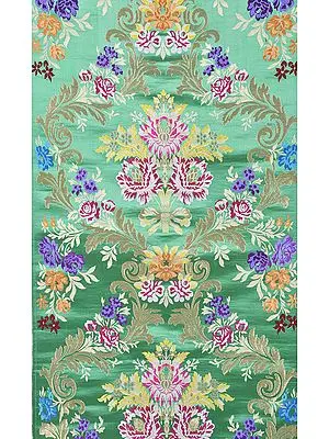 Emerald-Green Brocade Fabric with Woven Flowers and Zari Thread