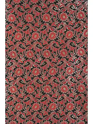 Dark-Green Katan Fabric from Banaras with Woven Flowers in Red and Gold
