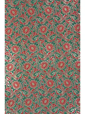 Islamic-Green Katan Fabric from Banaras with Woven Red and Golden Flowers