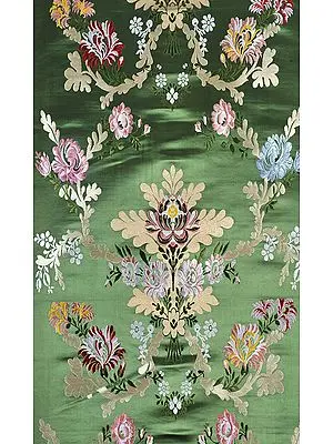 Medium-Green Tibetan Lotus Brocade Fabric from Banaras
