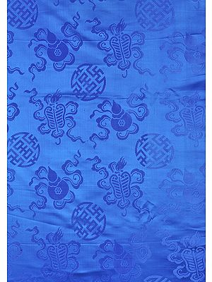 Regatta-Blue Fabric from Banaras with the Eight Symbols of Good Fortune (Tib. Bkra-shis rtags-brgyad, Skt. Ashtamangala)