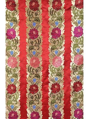 Red Border Fabric from Banaras with Large Woven Flowers