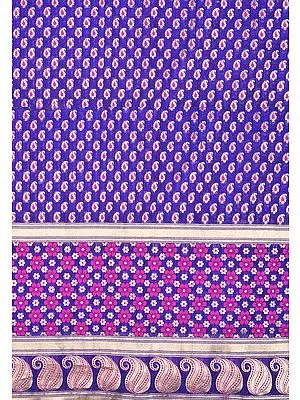Ultramarine-Blue Fabric from Banaras with Woven Paisleys and Twin Borders