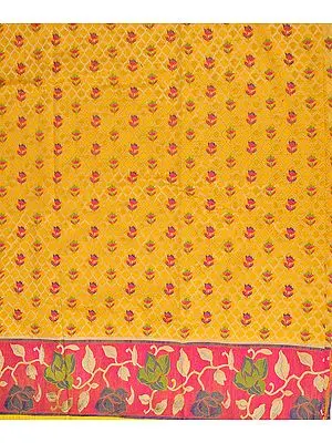 Citrus-Yellow Dodama Kurti Fabric from Banaras with Woven Flowers and Golden Zari Weave