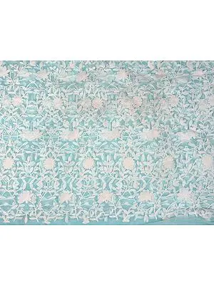 Aqua-Sky Fabric from Surat with Thread Embroidered Flowers in White
