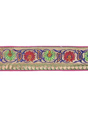 Magenta Banarasi Katan Fabric Border with Embroidered Flowers and Leaves