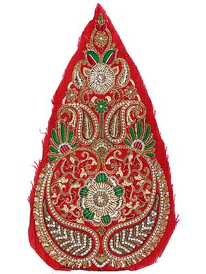 Pompeian-Red Long Embroidered Paisley Patch with Zardozi Embroidery
