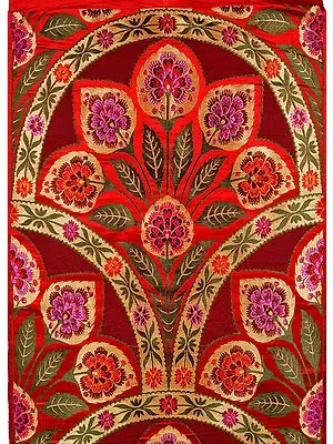 Cordovan and Red Brocade Fabric from Banaras with Woven Flowers and Zari Weave by Hand