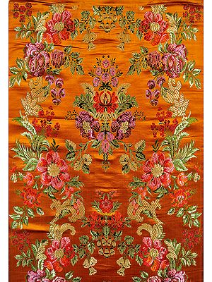 Golden-Mustard Brocade Fabric from Banaras with Woven Flowers and Leaves
