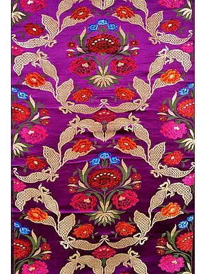 Purple Banarasi Brocade Fabric with Woven Flowers and Zari Weave by Hand