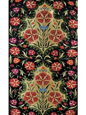 Black Banarasi Brocade Fabric with Hand-woven Flowers and Zari Weave