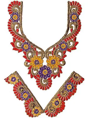 Tri-Color Floral Embroidered Neck and Sleeves Patch with Cut-work