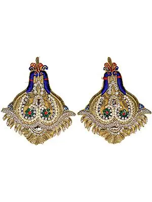 Pair of Blue Embroidered Peacock Patches with Stones and Pearls
