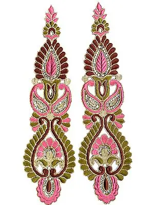 Pink and Green Pair of Embroidered Floral Patches with Cut-work